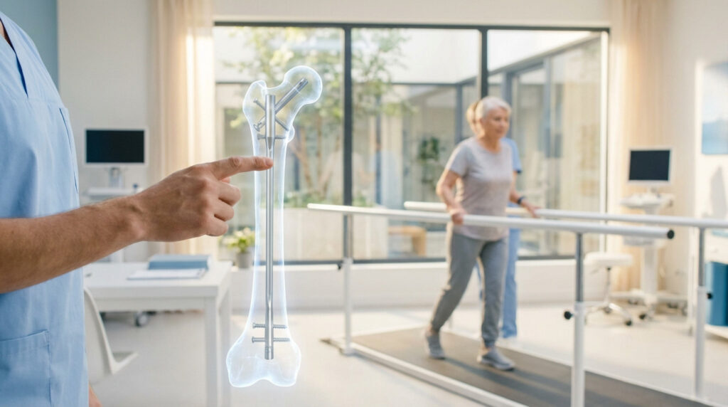 Medical professional points to 3D femur model with internal nail. Patient rehabilitates on track in bright, modern clinic.