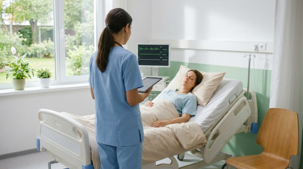 A medical professional in blue scrubs observes a patient resting peacefully in a hospital bed, with vital signs on a monitor. Sunlit room.