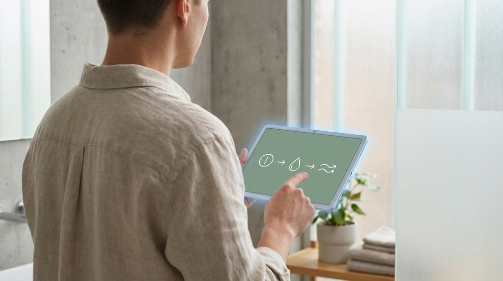 Person from behind in a modern, minimalist bathroom, interacting with a tablet showing abstract step-by-step icons.
