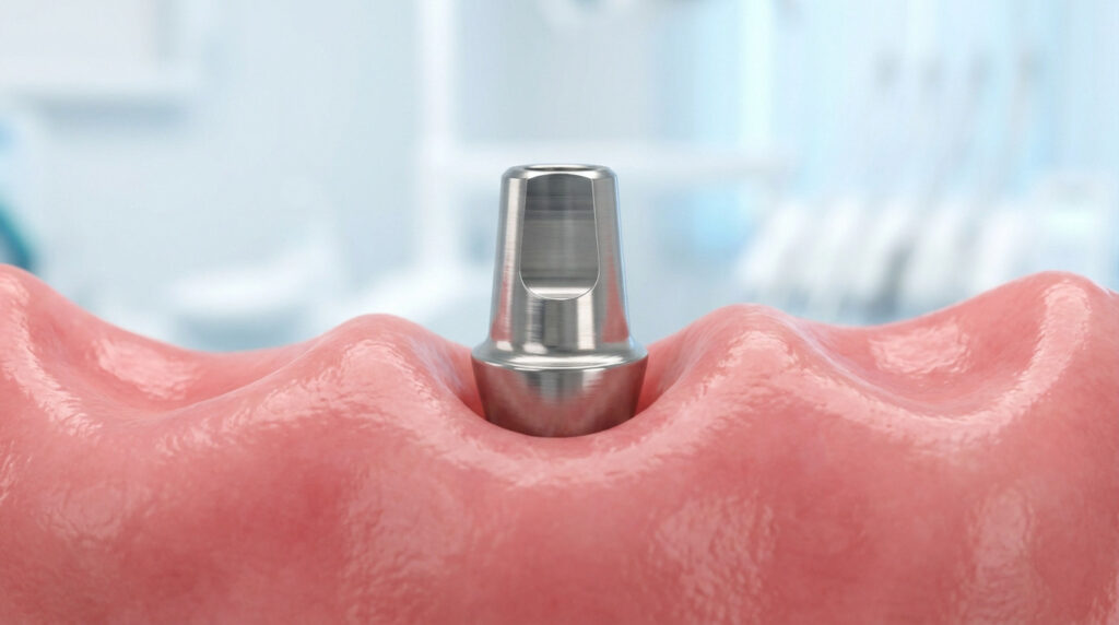 Macro shot of a polished silver dental implant healing abutment integrated into healthy pink gum tissue, with a blurred clinic background.