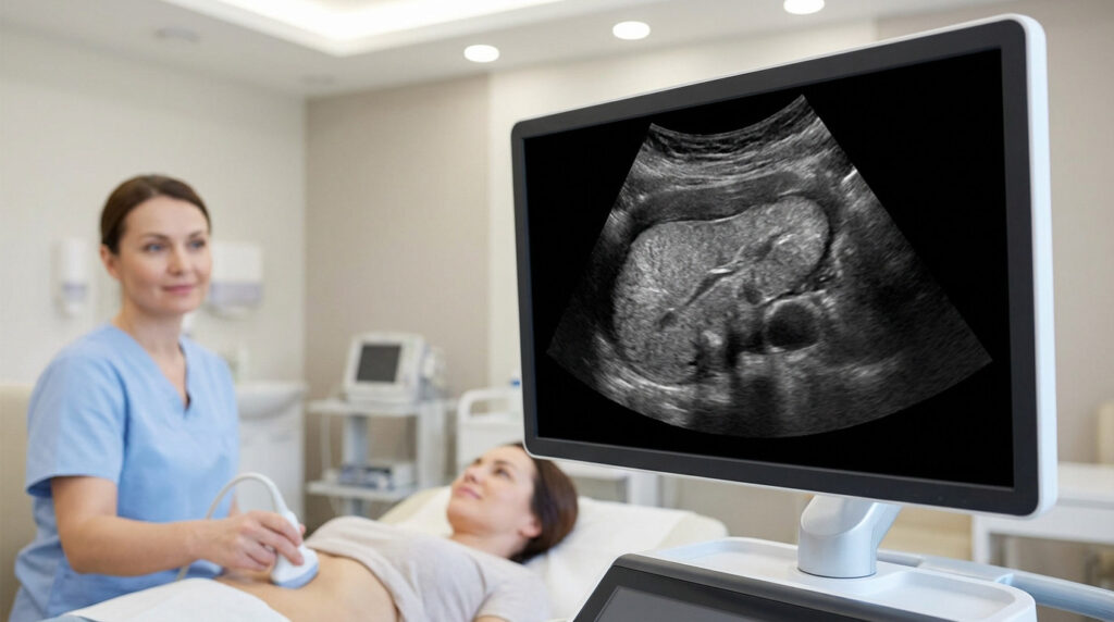 Medical professional performs abdominal ultrasound on patient. Screen shows detailed grayscale image of normal pancreas. Calm, modern setting.