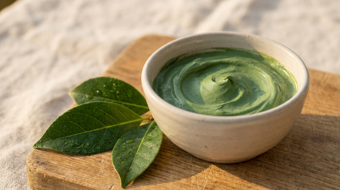 Artisanal bowl with creamy green clay mask, flanked by fresh botanical leaves on wood. Soft natural light, tranquil mood.