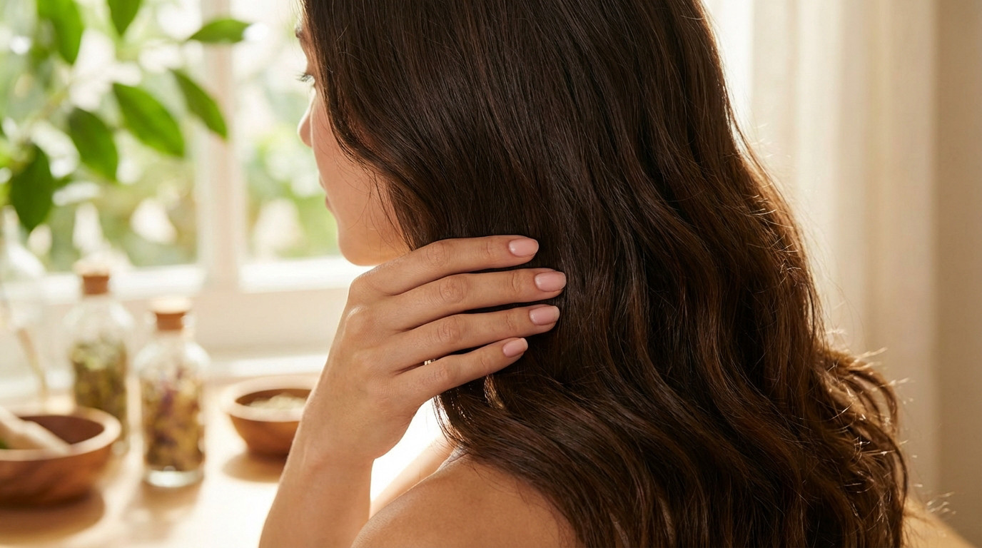 Close-up of a woman's hand with healthy, pink nails gently touching her long, dark, lustrous hair. Blurred natural botanicals and green leaves in background.