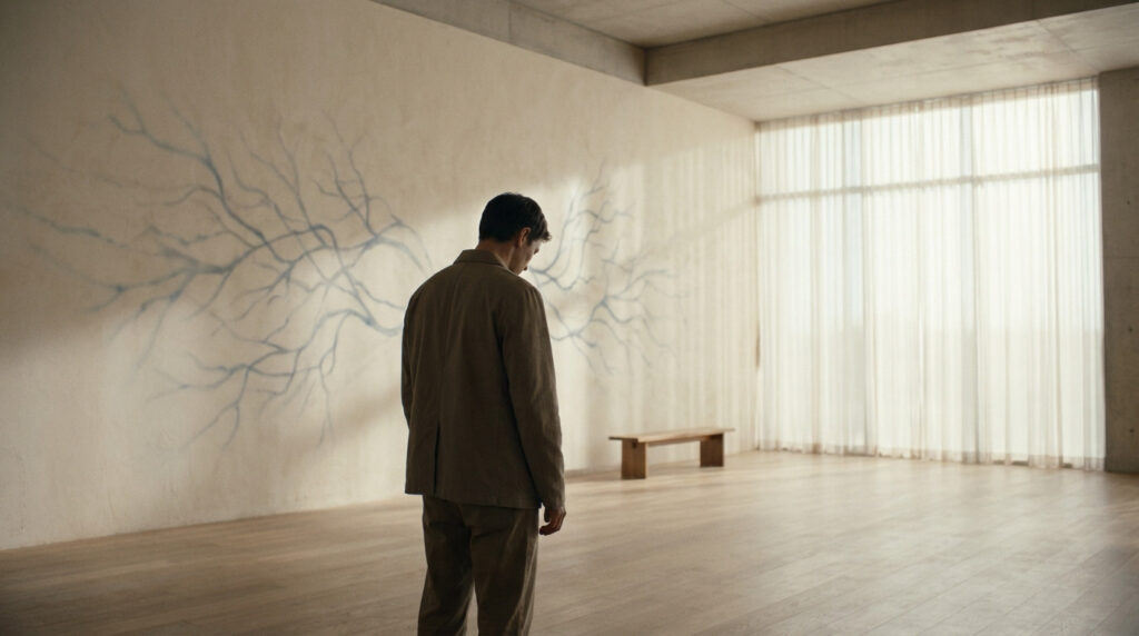 A person in neutral clothes stands facing a window in a minimalist room with abstract blue branch-like patterns on the wall, conveying introspection.