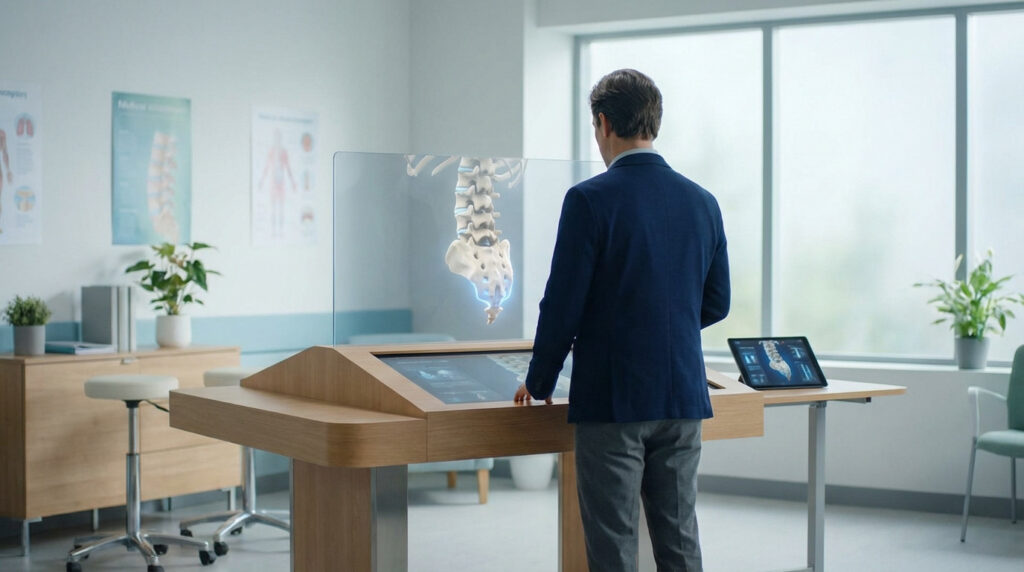 Man viewing a glowing 3D lower spine model on a transparent digital screen in a bright medical office, coccyx highlighted.