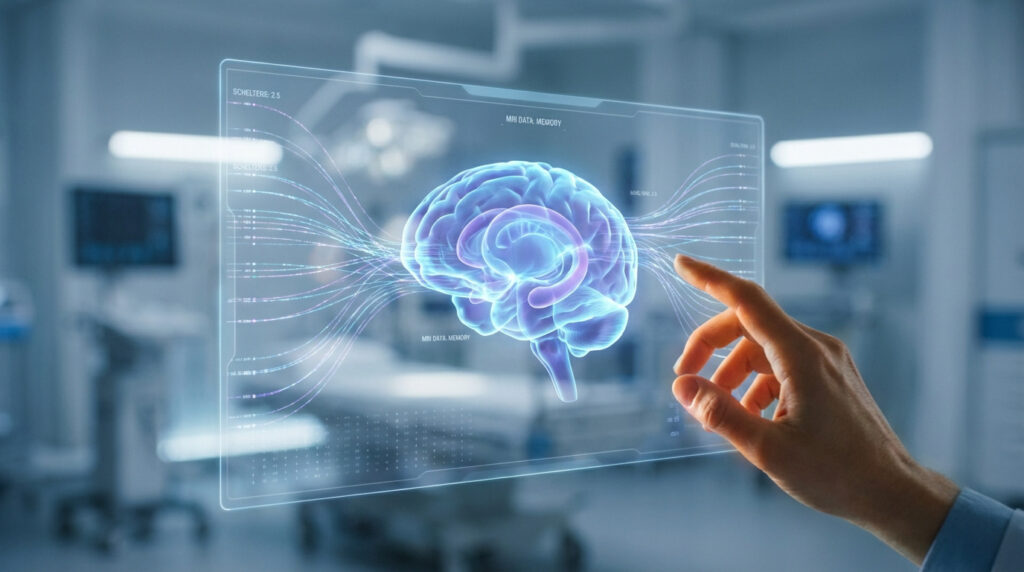 Cerveau humain holographique lumineux, affichant des données IRM et le score de Scheltens, manipulé par une main dans un environnement médical futuriste.