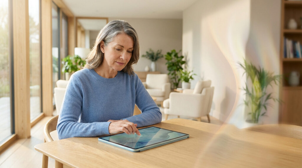 Femme d'âge mûr aux cheveux gris, en pull bleu, naviguant sur une tablette dans un intérieur moderne et lumineux.