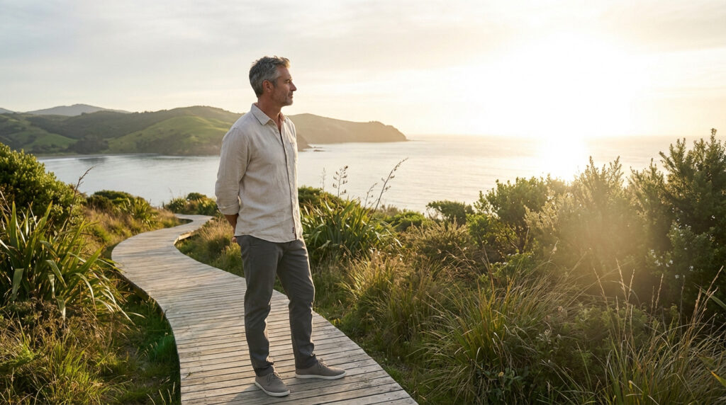 Homme aux cheveux gris sur un sentier en bois, contemplant un paysage côtier verdoyant et l'océan au lever/coucher de soleil.