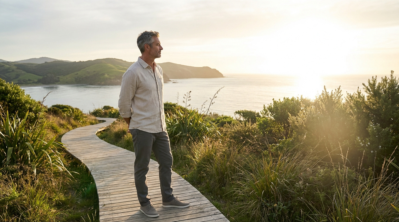 Homme aux cheveux gris sur un sentier en bois, contemplant un paysage côtier verdoyant et l'océan au lever/coucher de soleil.