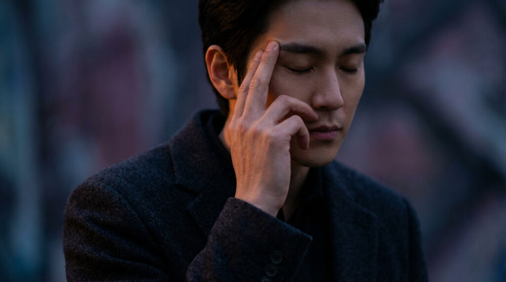 Homme aux yeux clos, visage pensif ou douloureux, pressant sa tempe droite de deux doigts. Lumière chaude sur sa main.