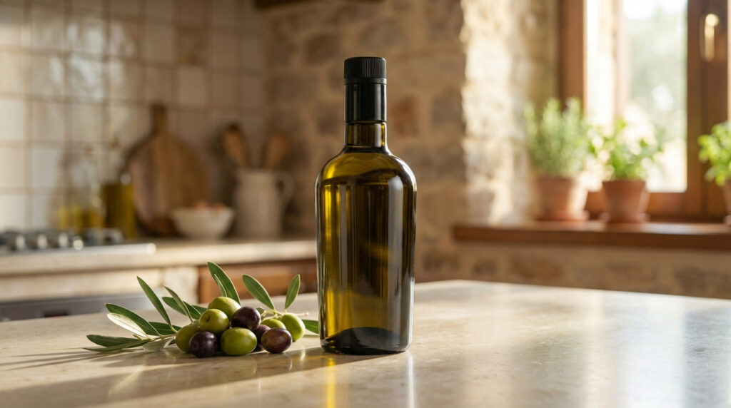Bouteille d'huile d'olive foncée et branche d'olives vertes et noires sur un comptoir de cuisine ensoleillé avec des plantes.