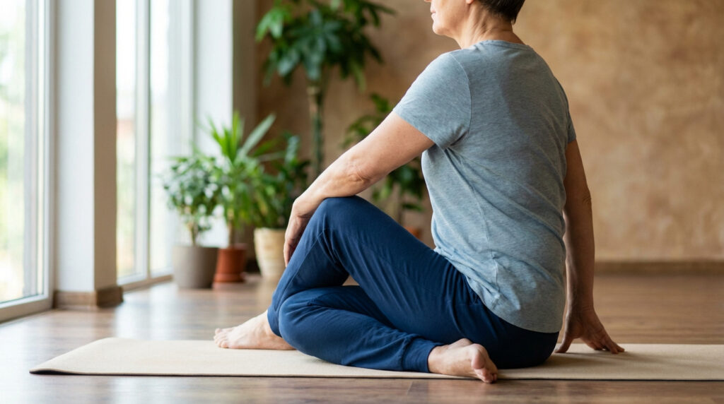 Vue de dos d'une personne effectuant une torsion assise de yoga sur un tapis. Lumière naturelle et plantes en arrière-plan.