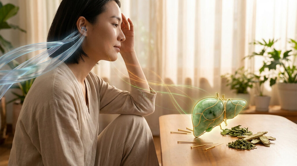 Femme reçoit des flux d'énergie bleus à l'oreille. Un foie en jade, des aiguilles d'acupuncture et herbes symbolisent la MTC.