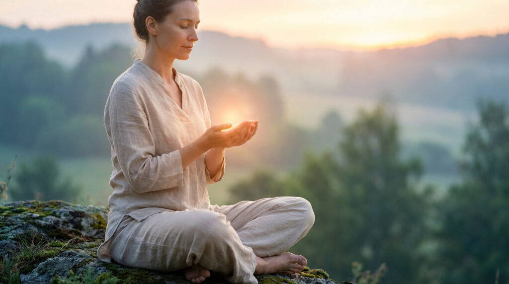 Femme méditant en nature, tenant une lumière rayonnante dans ses mains, symbolisant guérison et énergie spirituelle.