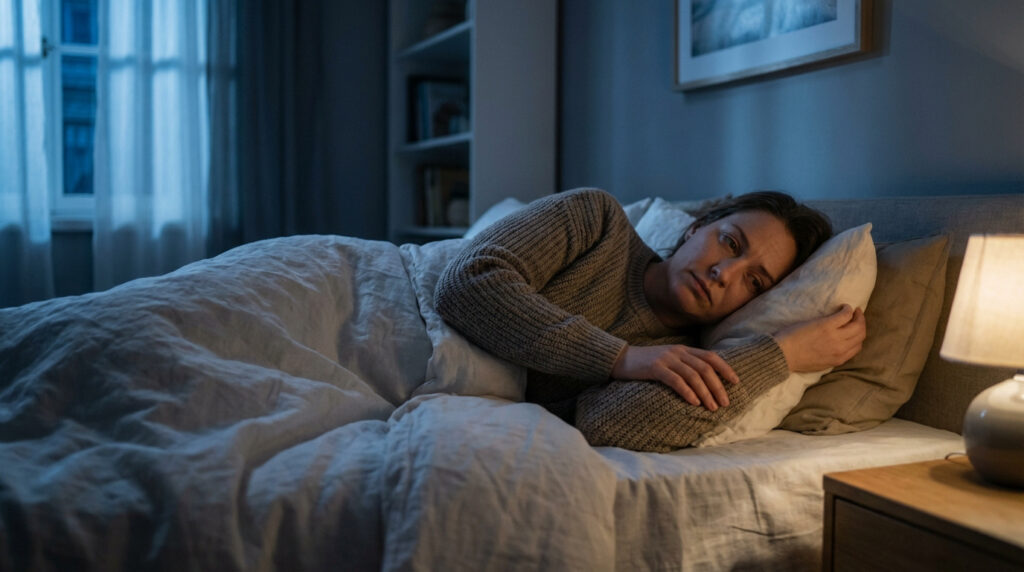 Femme au visage préoccupé, allongée dans un lit sombre, la tête sur l'oreiller, potentiellement à cause d'une douleur.