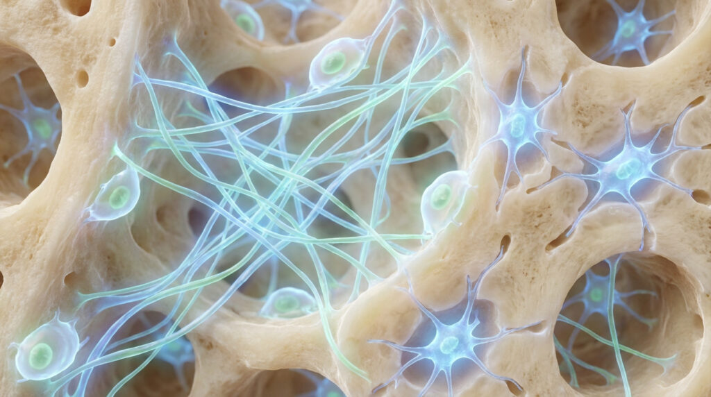 Vue 3D de l'os cancellé, montrant des ostéocytes étoilés bleus, d'autres cellules osseuses et des fibres interconnectées.