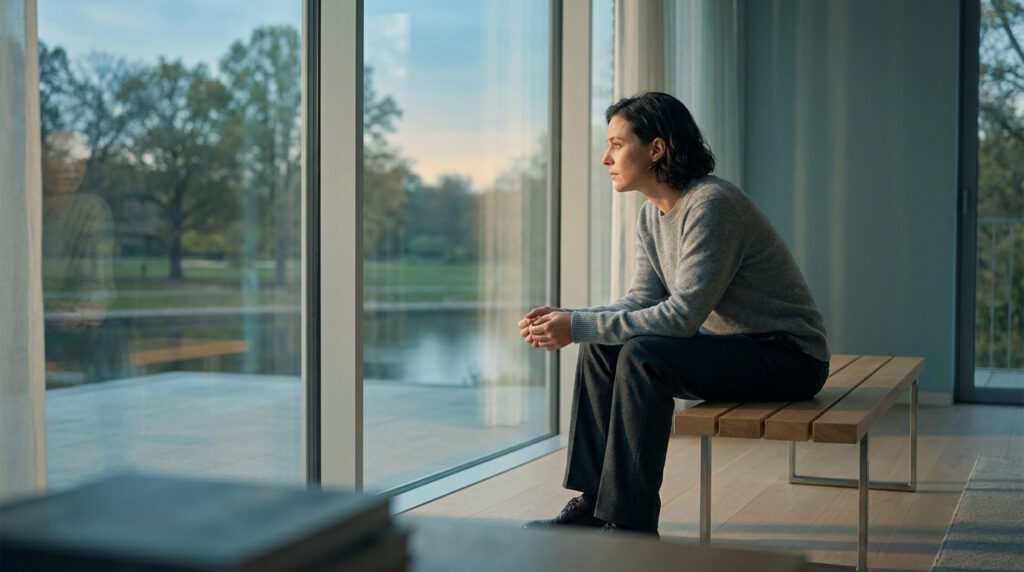 Une femme pensive est assise sur un banc en bois, les mains jointes, regardant un paysage paisible à travers une grande fenêtre.