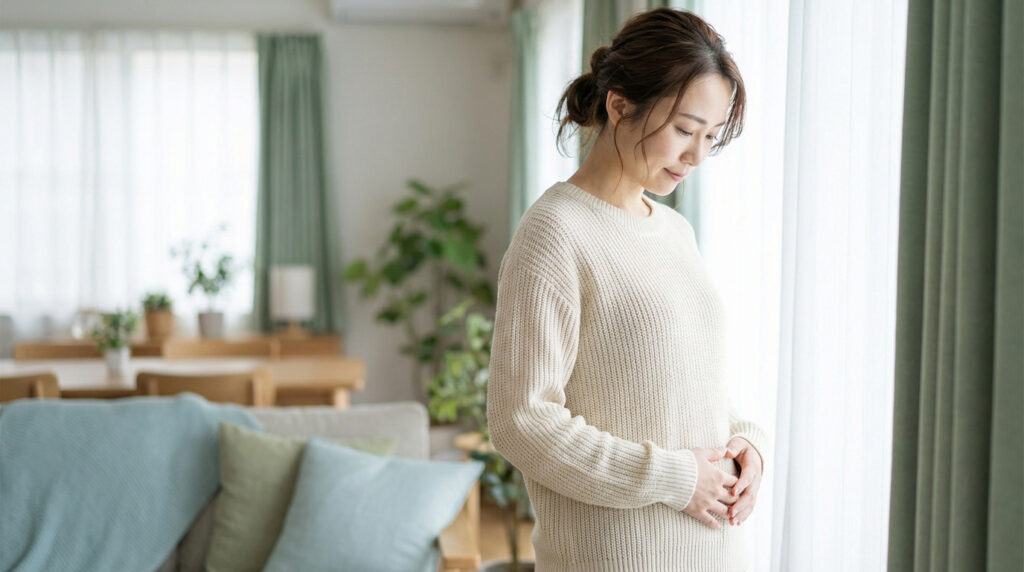 Femme asiatique en pull crème, les mains posées sur son bas-ventre avec un regard pensif dans un salon lumineux.