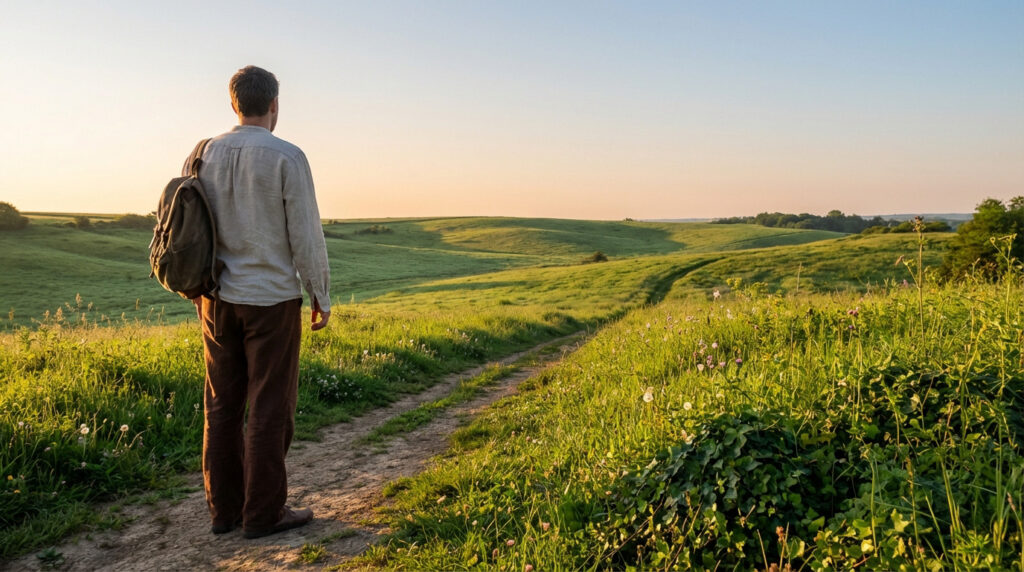 Homme avec sac à dos, dos au spectateur, sur un chemin de terre sinueux au milieu de collines verdoyantes au lever/coucher du soleil.