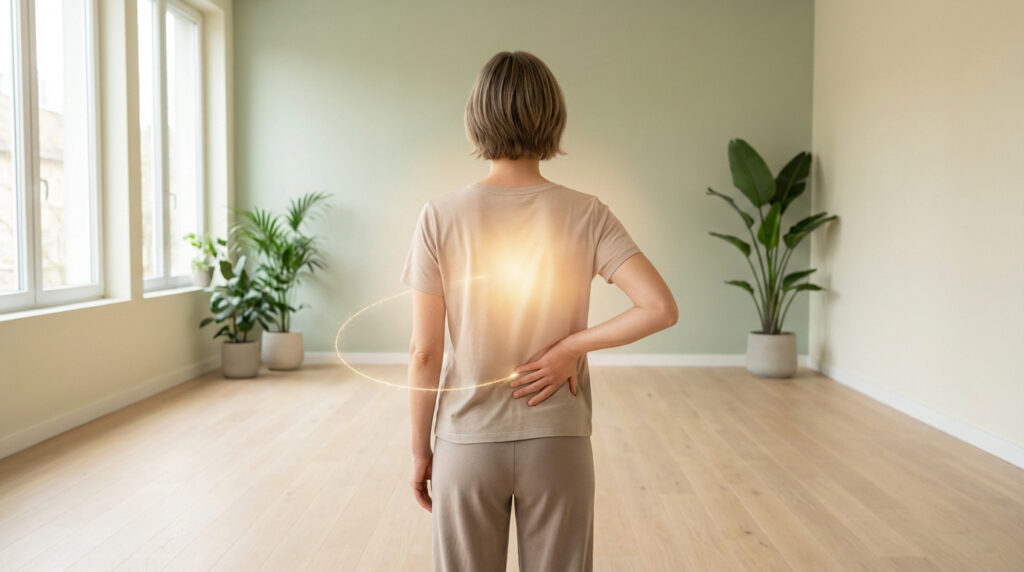 Femme de dos tenant son bas du dos, avec une lumière dorée symbolisant la douleur. Elle est dans une pièce lumineuse avec des plantes.