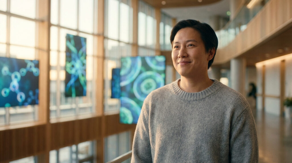 Jeune homme asiatique souriant dans un hall moderne avec des écrans affichant des motifs scientifiques.