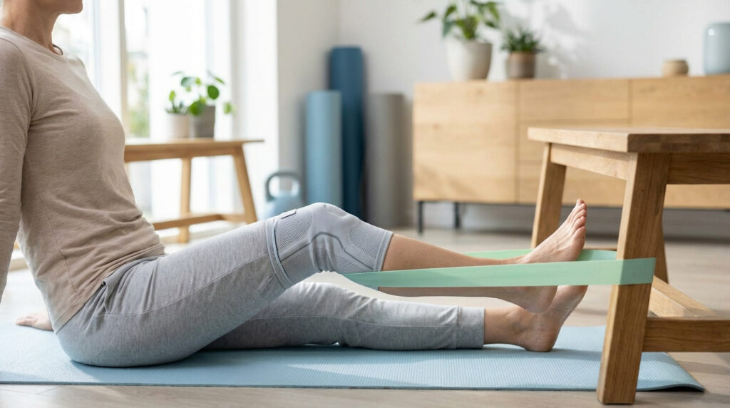 Femme en attelle de genou faisant de la rééducation avec une bande de résistance fixée à une table, assise sur un tapis de yoga.