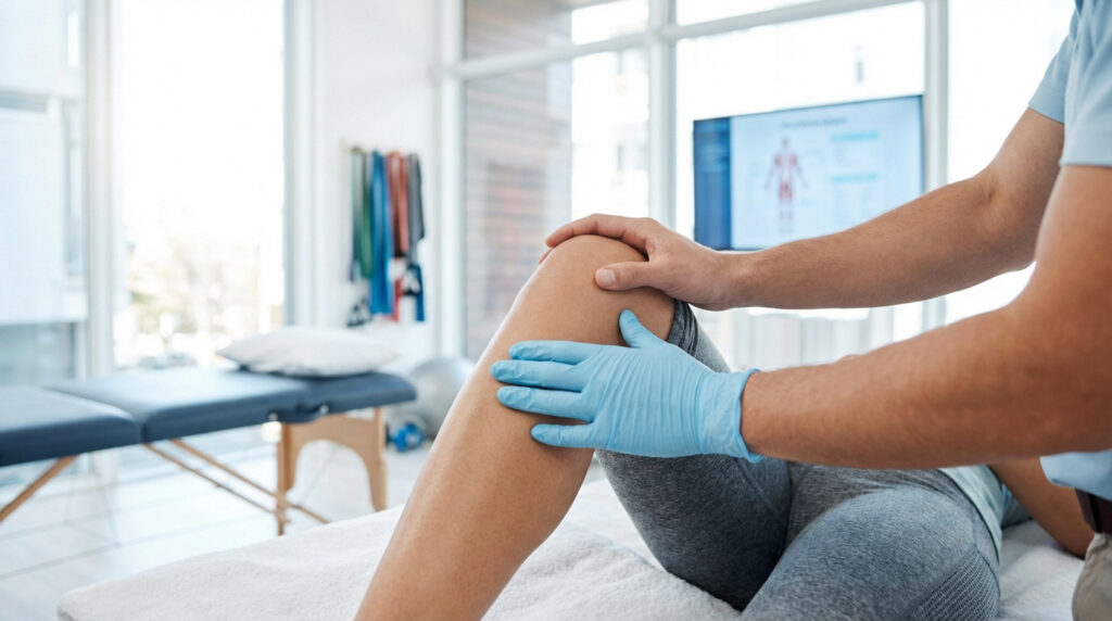 Un professionnel de santé ganté examine le genou d'un patient allongé sur une table d'examen en clinique.