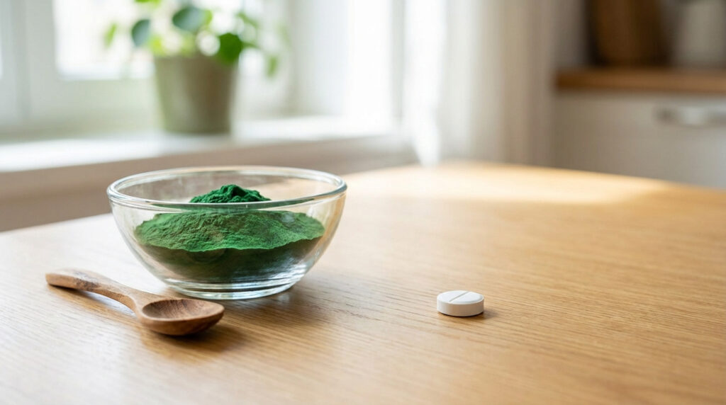 Poudre de spiruline dans un bol, petite cuillère en bois et un comprimé blanc. Symbolise la conciliation Spiruline/Levothyrox.