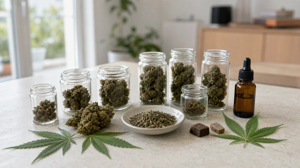 Sélection de produits CBD sans marque présentée dans des contenants en verre