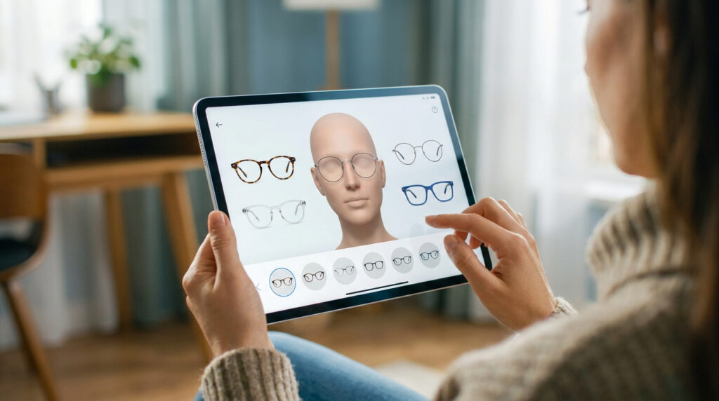 Une personne utilise une tablette pour essayer virtuellement différentes montures de lunettes sur un modèle 3D de visage, depuis chez elle.