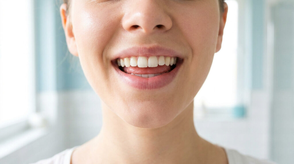 Gros plan d'un sourire avec des dents blanches et une langue rose saine, illustrant une excellente hygiène buccale.