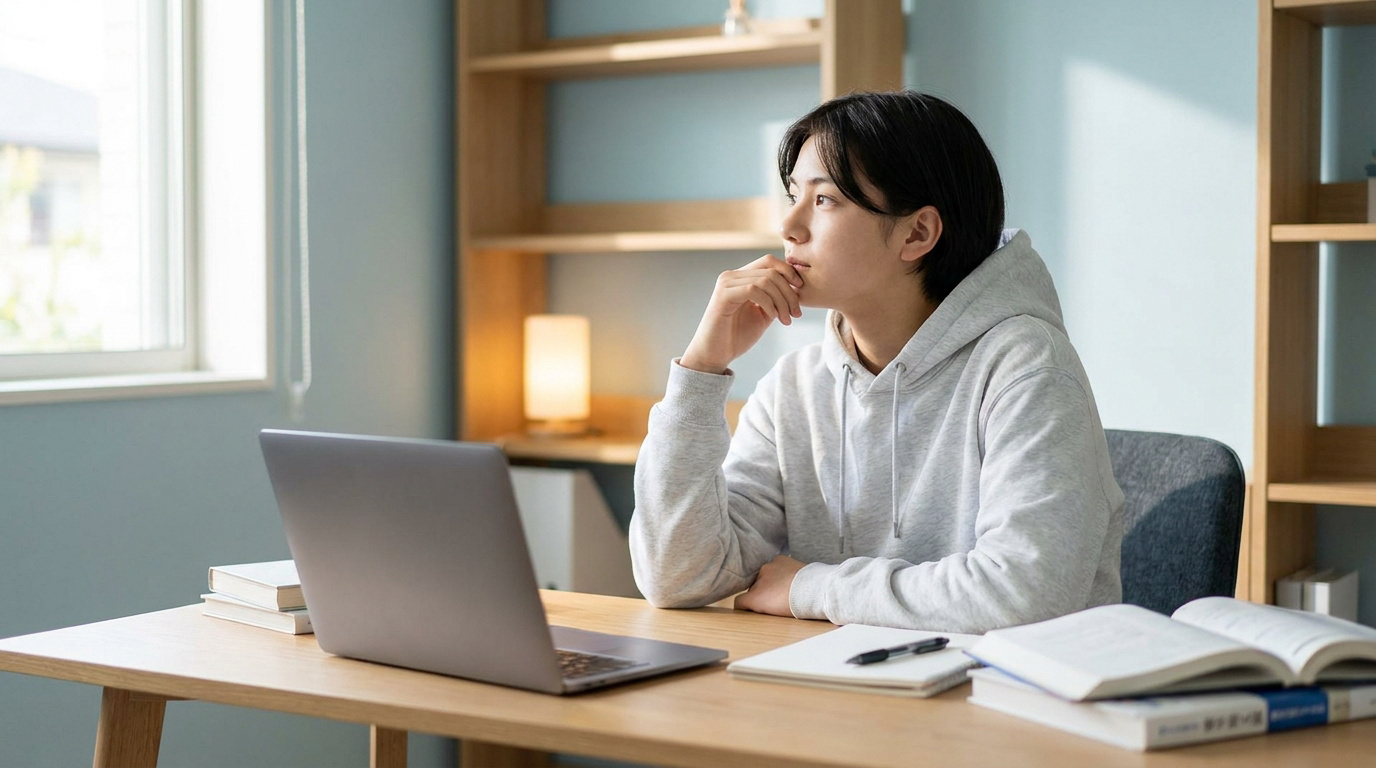 Adolescent distrait regardant au loin devant son ordinateur et ses manuels scolaires sur un bureau.