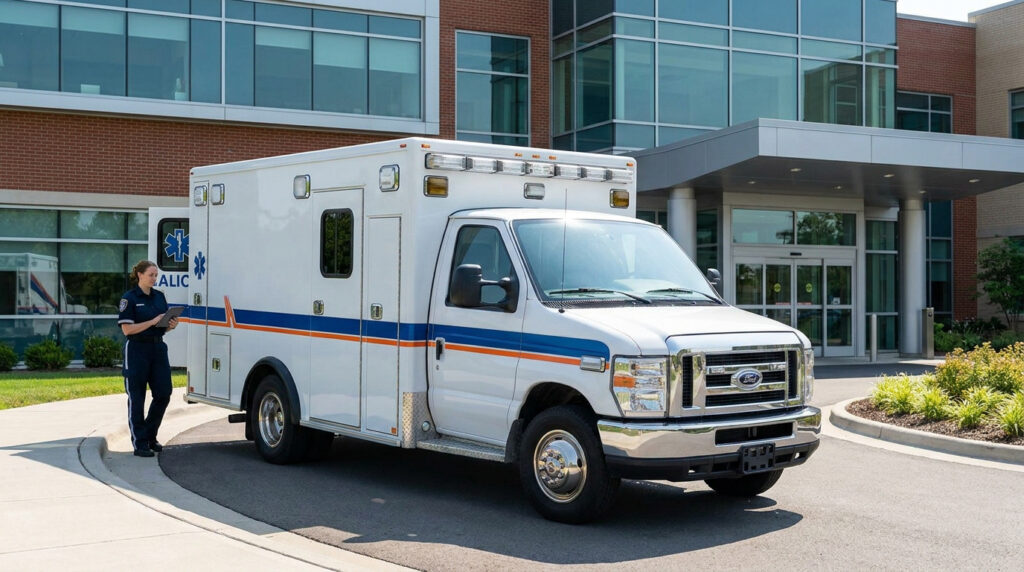Une ambulancière consulte une tablette près d'une ambulance devant un centre médical.