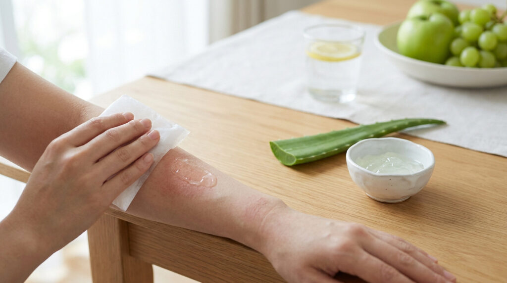 Une personne applique du gel d'aloe vera sur une zone rouge et irritée de son bras à l'aide d'une compresse.