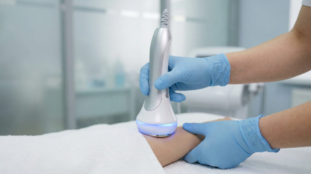 Un professionnel en gants bleus utilise un appareil de cavitation ultrasonique sur le bras d'un patient.