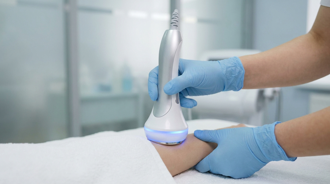 Un professionnel en gants bleus utilise un appareil de cavitation ultrasonique sur le bras d'un patient.