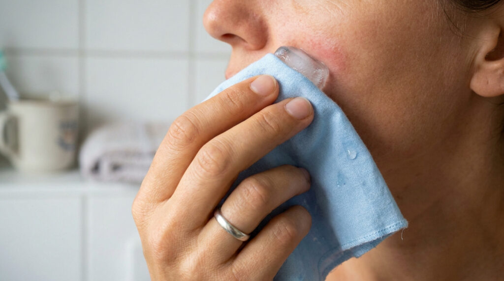 Une personne applique un glaçon enveloppé dans un tissu bleu sur une zone inflammée de sa joue pour réduire un bouton.