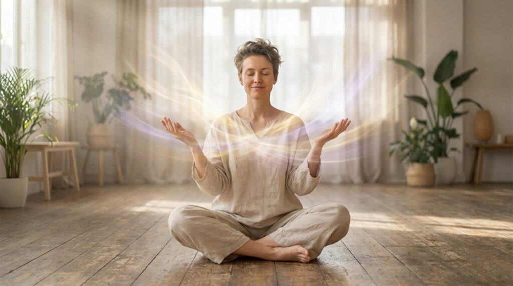 Une personne méditant en position du lotus avec des flux d'énergie lumineuse autour d'elle dans un salon lumineux.