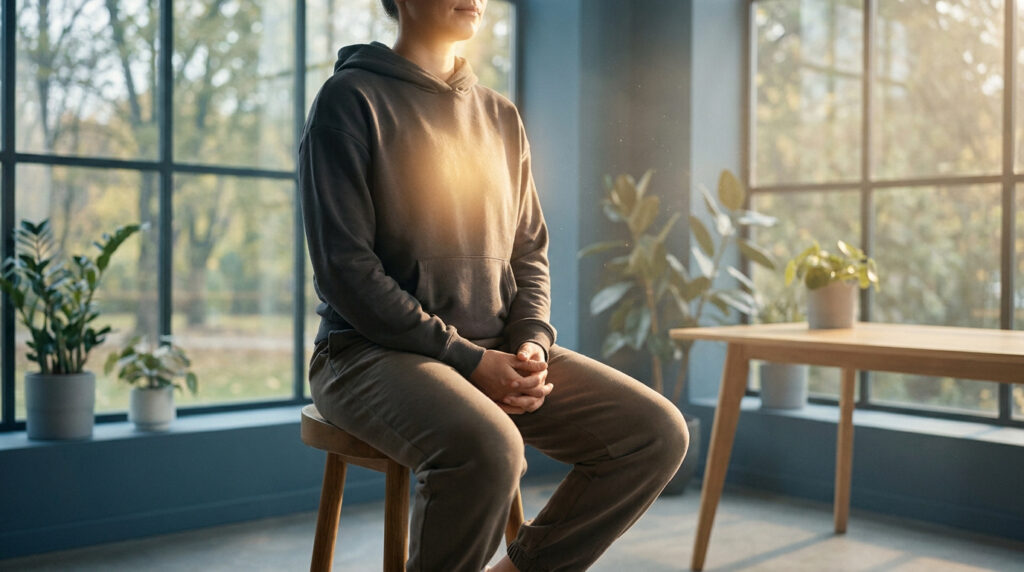 Une personne assise sereinement avec une lueur dorée au niveau de la poitrine dans un intérieur lumineux et moderne.