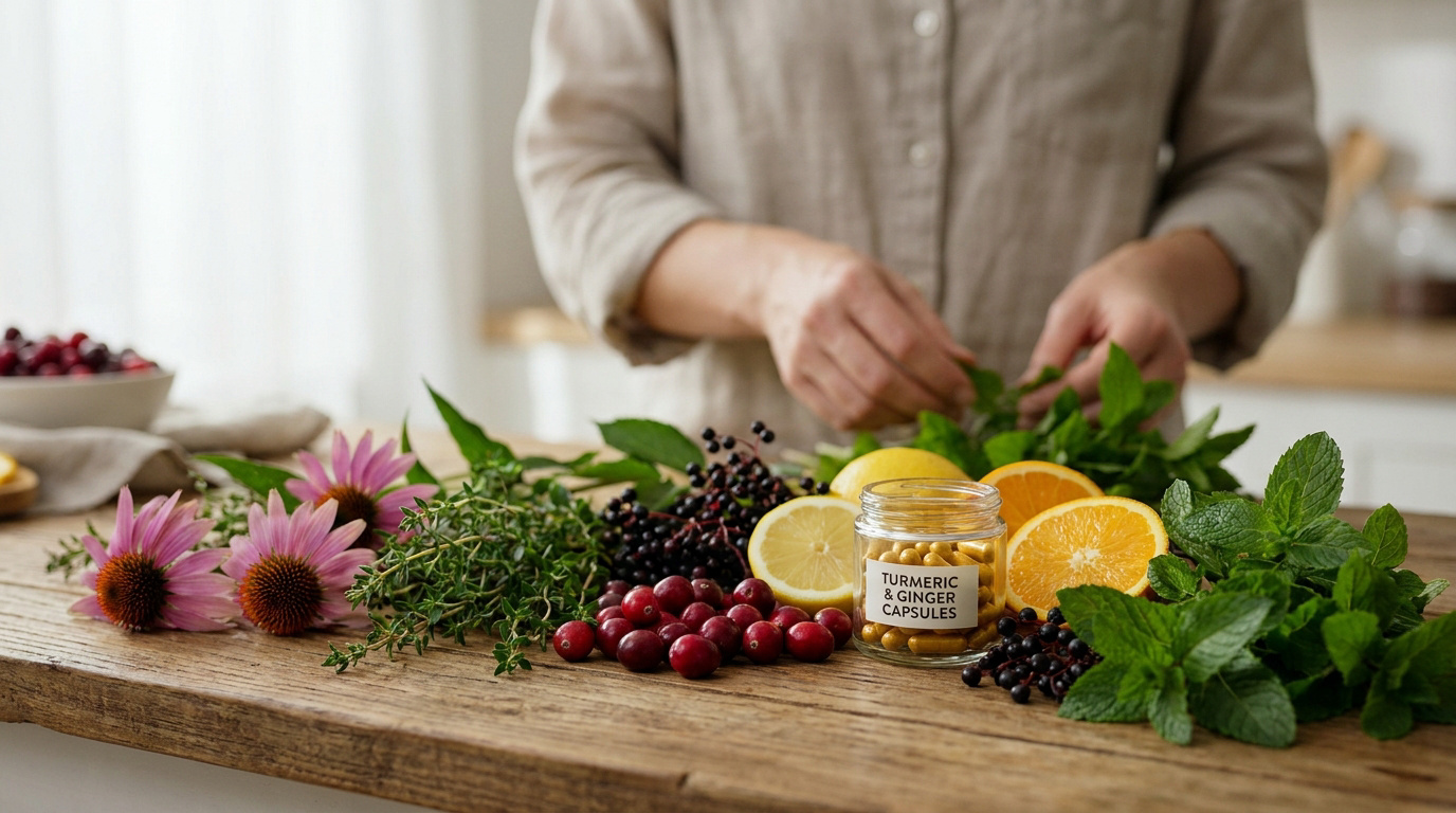 Personne préparant des remèdes naturels à base de plantes, de fruits, d'agrumes et de gélules de curcuma et gingembre.