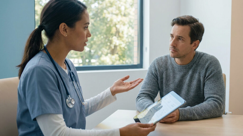 Une médecin en blouse bleue discute des résultats médicaux sur une tablette avec un patient masculin attentif.