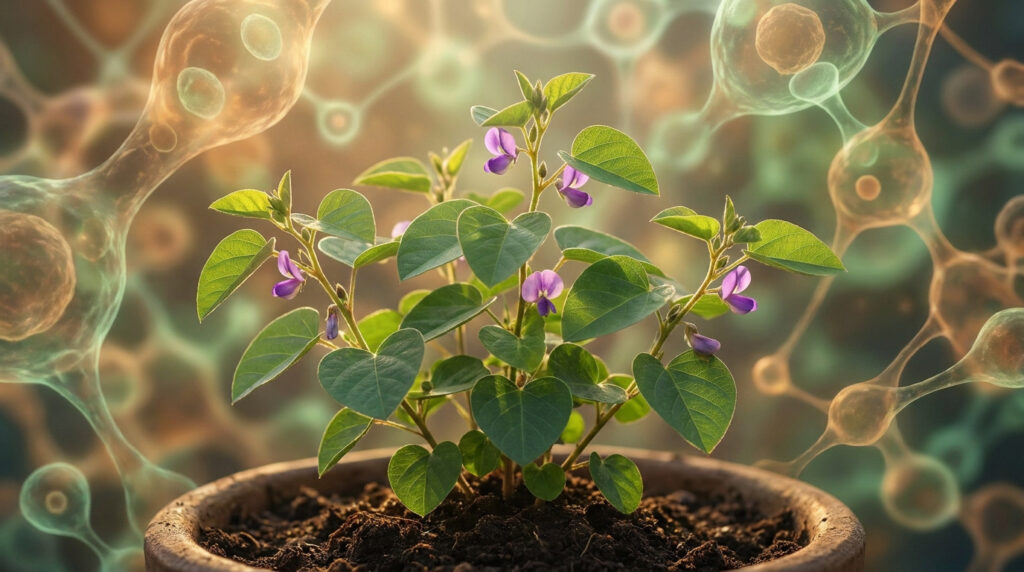 Un plant de Desmodium en pot devant un fond stylisé représentant des structures moléculaires cellulaires.