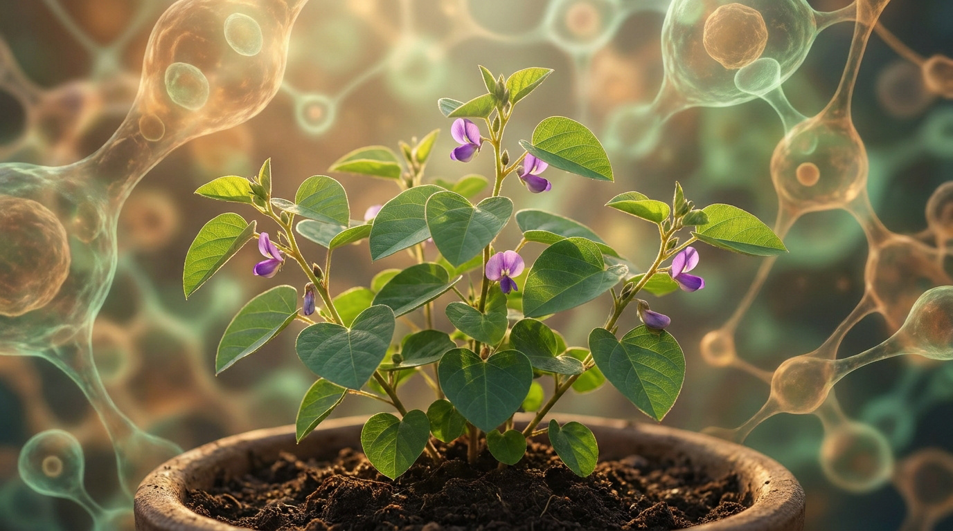 Un plant de Desmodium en pot devant un fond stylisé représentant des structures moléculaires cellulaires.