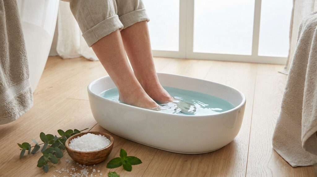 Pieds trempant dans une bassine d'eau avec du gros sel et des feuilles d'eucalyptus pour soulager les jambes lourdes.
