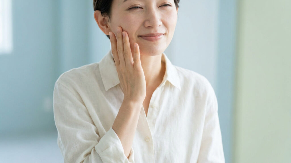 Une femme souriante touche doucement sa joue, illustrant la convalescence après une opération de la mâchoire.