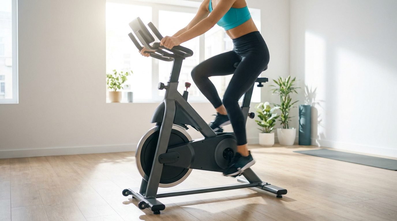 Femme faisant du vélo d'appartement dans une pièce lumineuse pour tonifier ses jambes et réduire la cellulite.