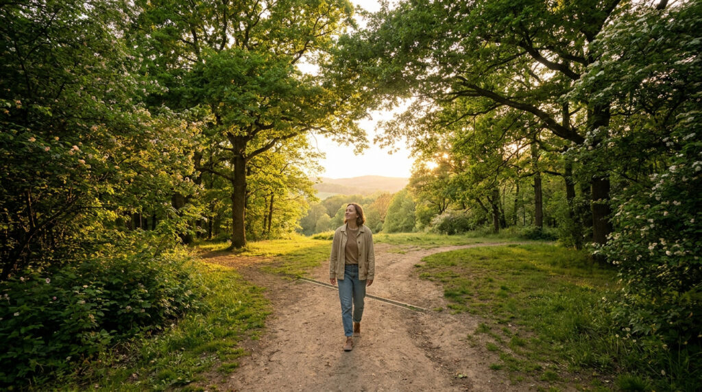 Une femme marchant sereinement sur un sentier forestier baigné par la lumière dorée du soleil couchant.