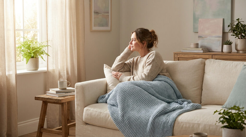 Une femme se repose sur un canapé, enveloppée dans un plaid bleu, regardant par la fenêtre dans un salon lumineux.