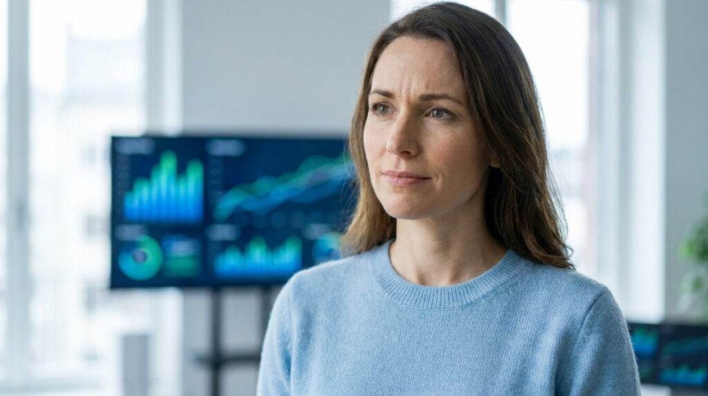 Femme pensive devant un écran affichant des données graphiques en arrière-plan.