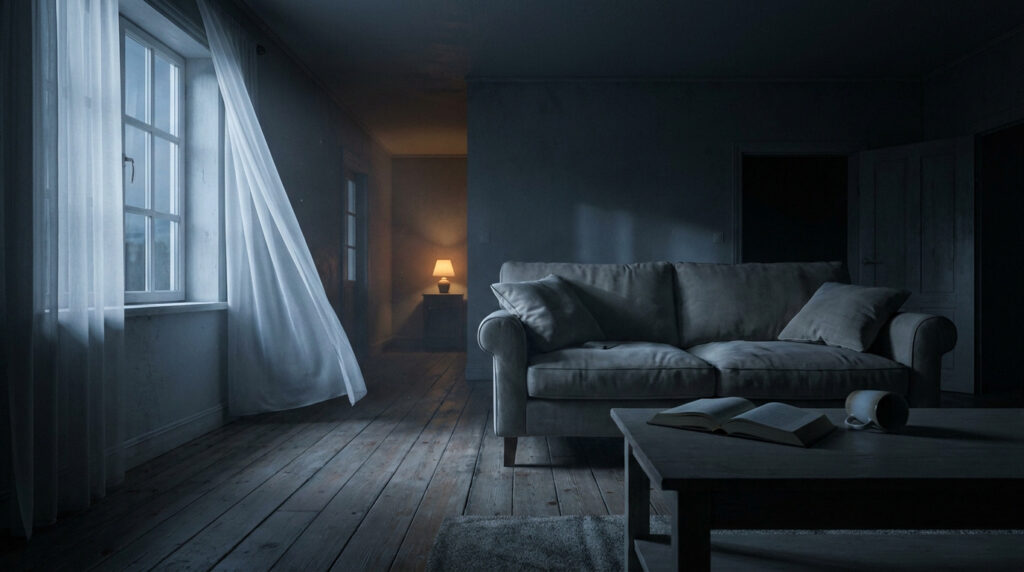 Salon sombre avec rideaux agités par le vent et fenêtre ouverte, évoquant une atmosphère inquiétante.